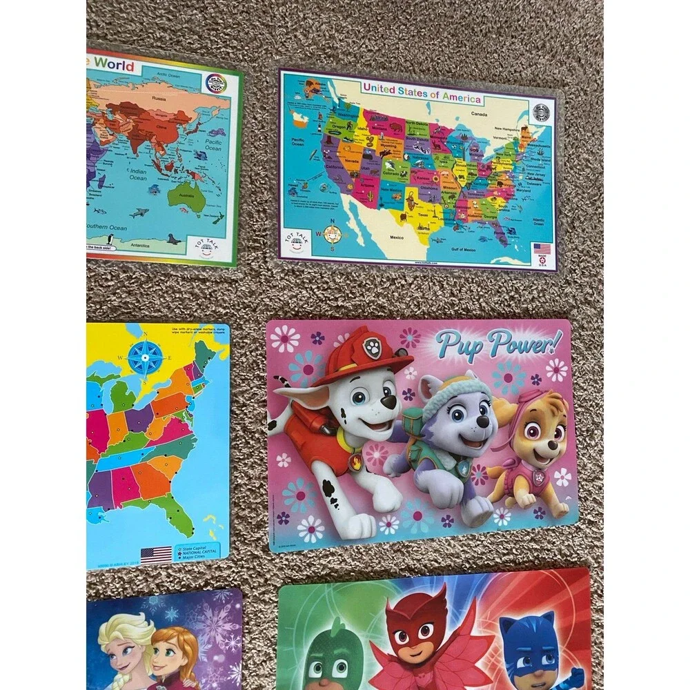 Lot of 8 Kids Educational & Character Placemats Tot Talk USA World Map Disney